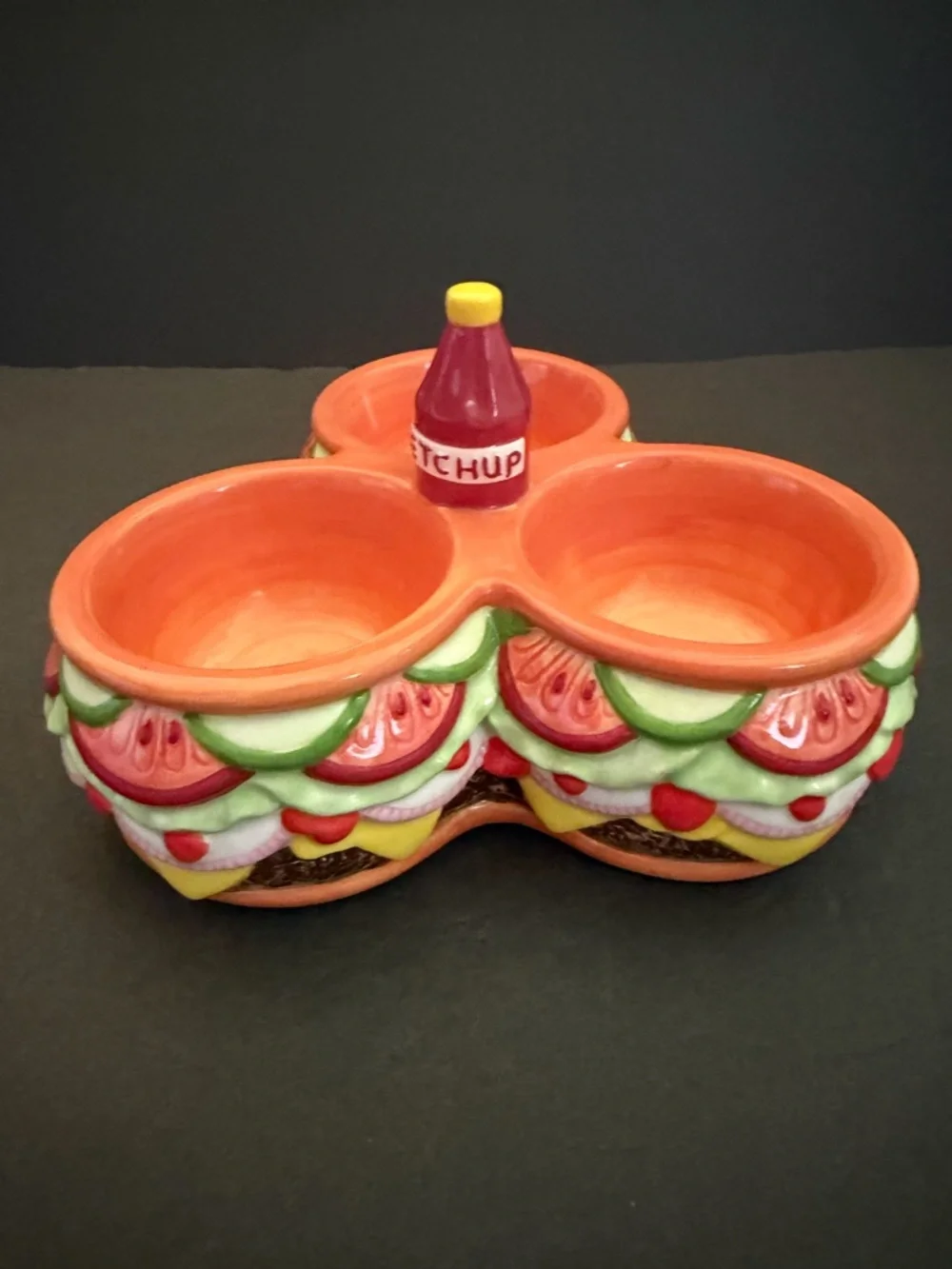 Ceramic Triple Dip Server Dish Cheeseburger with Ketchup Bottle
